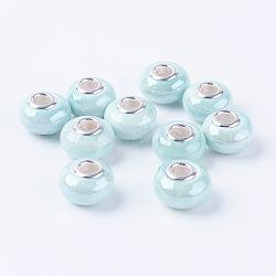 Rondell türkis handgefertigten Porzellan großes Loch europäischen Perlen, mit silberner Farbe Messing-Doppelkerne, 15x11 mm, Bohrung: 5 mm
