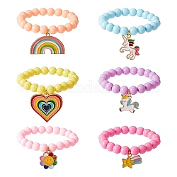Conjunto de pulseras elásticas de cuentas redondas acrílicas de color caramelo con dijes de esmalte de color arcoíris para niños, color mezclado, diámetro interior: 1-3/4 pulgada (4.6 cm), 6 PC / sistema