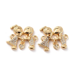 Brass Micro Pave Clear Cubic Zirconia Links Connectors, Long-Lasting Plated, Couples, Real 18K Gold Plated, 16.5x19.5x2.5mm, Hole: 1.5mm