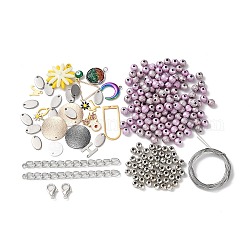 Kit de búsqueda de fabricación de joyas de diy, incluyendo alambre de acero, abalorios redondos de acrílico, cuentas y cierres de acero inoxidable y cadenas finales, colgantes de formas mixtas, color mezclado