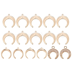 16Pcs 4 Style Brass Pendants, Double Horn/Crescent Moon, Real 18K Gold Plated, 16~19x15~18x1~3mm, hole: 0.5~1.2mm