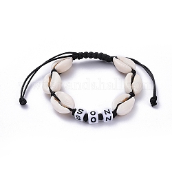 (Jewelry Parties Factory Sale)Family Bracelets for Son, Adjustable Korean Waxed Polyester Cord Braided Bead Bracelets, with Acrylic Letter Beads and Cowrie Shell, Word SON, Black, Inner Diameter: 2 inch~3-1/2 inch(5.1~9cm)