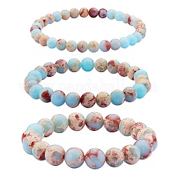 3Pcs 3 Size Synthetic Imperial Jasper Round Beaded Stretch Bracelets Set, Gemstone Jewelry for Women, Pale Turquoise, Inner Diameter: 2-1/8 inch(5.5cm), Beads: 6~10mm, 1Pc/size