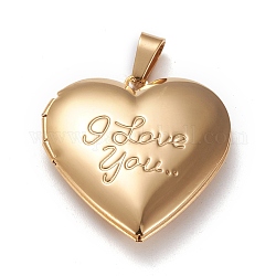 Valentine's Day Ion Plating(IP) 304 Stainless Steel Locket Pendants, Photo Frame Charms for Necklaces, Heart with Word I Love You, Real 18k Gold Plated, 29x29x7mm, Hole: 3x7mm, Inner Size: 16x21mm