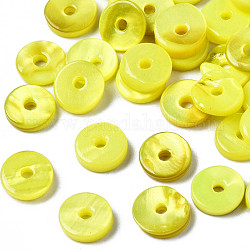 Perles de coquille d'eau douce naturelles peintes par pulvérisation, disque / plat rond, perles heishi, jaune, 7x1.5~2mm, Trou: 1.5mm