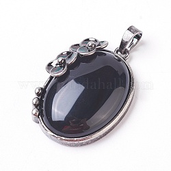 Naturale agata nera pendenti, con accessori di ottone, ovale con fiore, argento antico, 35x26.5x9mm, Foro: 7x5 mm