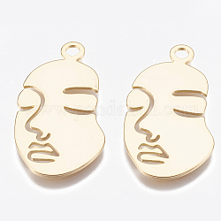 Brass Pendants, Face, Real 18K Gold Plated, 34x17.5x1mm, Hole: 2mm