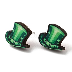 Orecchini a bottone in legno verde per il giorno di San Patrizio, con 316 perni in acciaio inox, cappello, 14.5x17mm