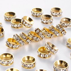 Brass Rhinestone Spacer Beads, Rondelle, White, Golden Color, about 10mm in diameter, 4mm thick, hole: 5mm