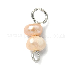 Natural Cultured Freshwater Pearl Connector Charms, Potato Links, with Stainless Steel Color Plated Brass Double Loops, PeachPuff, 13x4.5x4mm, Hole: 1.8mm & 3mm