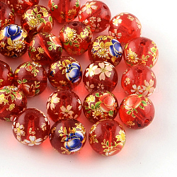 Mischblumenbild bedruckten Glas runde Perlen, rot, 12 mm, Bohrung: 1.5 mm