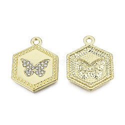 Rack Plating Alloy Pendants, with Crystal Rhinestone, Hexagon with Butterfly, Cadmium Free & Nickel Free & Lead Free, Light Gold, 24x18x2mm, Hole: 1.8mm