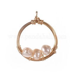 Pendentifs de perles d'eau douce de culture naturelle, avec les accessoires en laiton, anneau, or, 25x21x5.5mm, Trou: 2.5mm