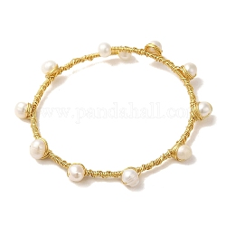 Brazalete con cuentas de perlas naturales, brazalete envuelto en alambre de latón, real 14k chapado en oro, diámetro interior: 2-3/8 pulgada (5.9 cm)