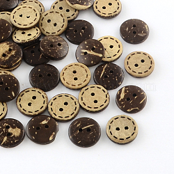 2 -hole boutons de noix de coco plats et ronds, brun coco, 15x3mm, Trou: 2mm