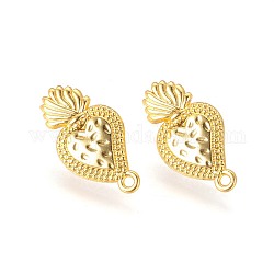 Brass Stud Earring Findings, with Plastic Ear Nuts and Loop, Long-Lasting Plated, Strawberry, Golden, 25x13x1.5mm, Hole: 1.6mm, Pin: 0.7mm