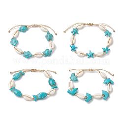 Bracelets de cheville en coquillages naturels et perles synthétiques tressées turquoise, formes mixtes, diamètre intérieur: 1-7/8~3 pouce (4.7~7.5 cm), perle: 18~28x11.5~19 mm