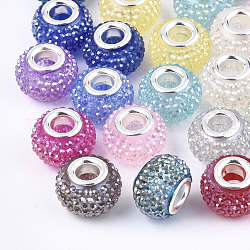 Perles européennes en résine avec strass, Perles avec un grand trou   , en laiton de tonalité de platine noyaux doubles, couleur ab , rondelle, perles baies, couleur mixte, 14x10mm, Trou: 5mm