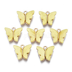 Pendentifs acryliques en alliage, papillon, or clair, champagne jaune, 14x16.5x3mm, Trou: 1.6mm
