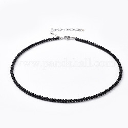 Faceted Rondelle Glass Beaded Necklaces, with Brass Crimp Beads, Stainless Steel Heart Link Chain Extender and Lobster Claw Clasps, Black, 14.37 inch(36.5cm)
