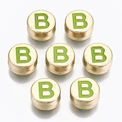 Legierung Emaille-Perlen, cadmiumfrei und bleifrei, flach rund mit Anfangsbuchstaben, Licht Gold, gelb-grün, letter.b, 8x4 mm, Bohrung: 1.5 mm