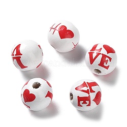 Perles en bois imprimées sur le thème de la Saint-Valentin, ronde, mot, 15~16x14.5~15mm, Trou: 3~4mm