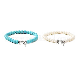 Ensemble de bracelets extensibles en alliage de style tibétain, 2 couleurs, dauphin et turquoise synthétique, perles rondes, 2 pièces, bracelets empilables, couleur mixte, diamètre intérieur: 2 pouce (5 cm), 1 pc / couleur