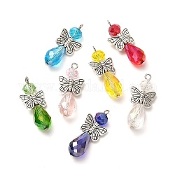Pendentifs en verre, avec des perles papillon en alliage de style tibétain et des brins de perles de verre électrolytiques, de couleur plaquée ab , larme, couleur mixte, 34.5x15x9mm, Trou: 1.8mm