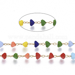 Chaînes à perles en verre facetté fait à la main, avec chaînes de câble et bobine en acier inoxydable, soudé, triangle, or, colorées, lien: 2.5x1.5x0.3 mm, perles: 3.5x2.5x3 mm, environ 32.8 pied (10 m)/rouleau