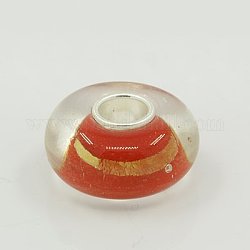 Handmade Gold Foil Glass European Beads, with Sterling Silver Single Core, Large Hole Beads, Rondelle, Red, 14x7mm, Hole: 4.5mm