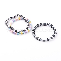 Acrylic Stretch Beaded Bracelets Sets, Cube with Expression, Mixed Color, Inner Diameter: 2-1/8 inch(5.5cm), 3pcs/set