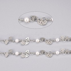 Handgefertigte Perlenketten aus Messing, mit Messingcharme, Glasimitat Perle und Spule, gelötet, langlebig plattiert, Auge, weiß, Platin Farbe, 10.5x3.2x3 mm, 3.5x2.5x0.3 mm, ca. 32.8 Fuß (10m)/Rolle