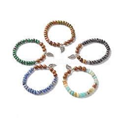 Bracelet extensible reiki pierre naturelle mélangée et perles de bois wengé, bracelet à breloques en alliage de feuille pour fille femme, diamètre intérieur: 2-1/8 pouce (5.3 cm)