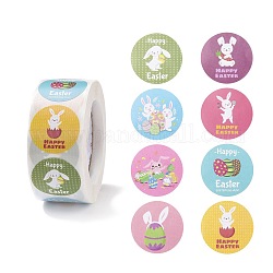 8 узор на пасхальную тематику самоклеющиеся рулоны бумажных наклеек, с кроликом шаблон, круглые наклейки, подарочные наклейки, разноцветные, Картина кролика, 25x0.1 мм, 500шт / рулон