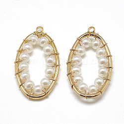 Colgantes de perlas de imitación de plástico abs, con fornituras de latón, oval, real 18k chapado en oro, 30x18x4mm, agujero: 1 mm