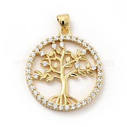 Rack Plating Brass Micro Pave Cubic Zirconia Pendants, Long-Lasting Plated, Lead Free & Cadmium Free, Round Ring with Tree of Life, Real 18K Gold Plated, 28.5x25x2.5mm, Hole: 3.5x4mm
