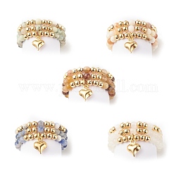 3 pz 3 anelli in pietra naturale e ottone con perline con 304 ciondoli a cuore in acciaio inossidabile per donna, misura degli stati uniti 7 1/2 (17.7mm), 1pc / style