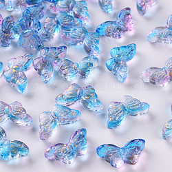 Perle di vetro verniciato a spruzzo trasparente bicolore, con polvere di scintillio, farfalla, dodger blu, 8x15x4.5mm, Foro: 1 mm