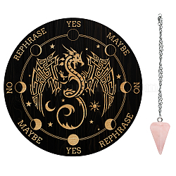 Ahademaker 1pc cône/pointe/pendule pendentifs en pierre de quartz rose naturel, 1pc 304 colliers de chaîne de câble en acier inoxydable, 1 panneau de pendule personnalisé en pvc, table de divination radiesthésie, motif de dragon, planche: 200x4mm