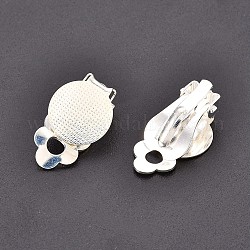 Impostazioni cabochon orecchino clip in ottone base vuota, con pad piatto rotondo, per le orecchie non forato, colore argento placcato, vassoio rotondo piatto: 12 mm, 17x12mm, Foro: 1.5 mm