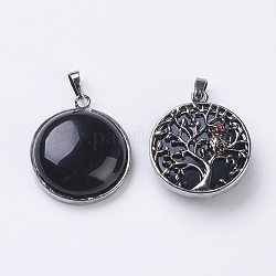 Naturale agata nera pendenti, rotondo e piatto, argento antico, 31.5x27x9mm, Foro: 5x8 mm