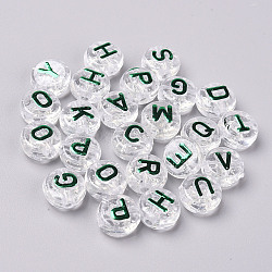 Transparent Clear Acrylic Beads, with Glitter Powder, Horizontal Hole, Flat Round with Random Letters, Green, 10x6mm, Hole: 2mm, about 1560pcs/500g