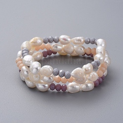 Pulseras elásticas de perlas barrocas naturales, pulseras apilables, con cuentas de cristal rondelle facetadas y bolsas de arpillera, color mezclado, 2-1/8 pulgada ~ 2-1/2 pulgadas (5.55~6.45 cm), 3 PC / sistema