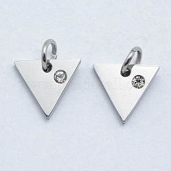 316 pendentifs chirurgicaux en acier inoxydable, avec zircons, triangle, clair, couleur inoxydable, 9.5x10.5x2mm, Trou: 3mm
