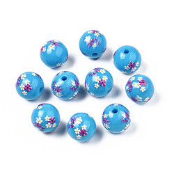 Opaque Printed Acrylic Beads, Round with Flower, Deep Sky Blue, 9x9.5mm, Hole: 1.8mm