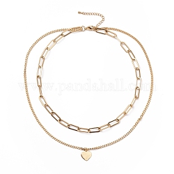 Chapado al vacío 304 collar de múltiples capas de cadenas dobles de acero inoxidable con dijes de corazón para mujeres, dorado, 16.34 pulgada (41.5 cm)