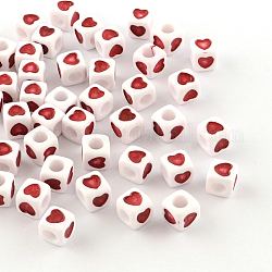 Perline europei acrilici opachi, perline con foro grande, piazza con il cuore, rosso, 7x7x7mm, Foro: 4 mm, circa 100pcs/scatola