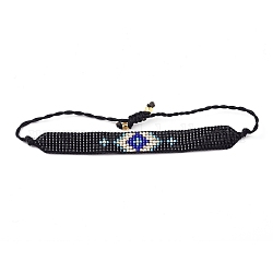 Bracelets ajustables tressés de perles de rocaille en verre, rectangle avec des yeux, noir, 1-3/8 pouce ~ 3-1/8 pouces (3.5~8 cm)