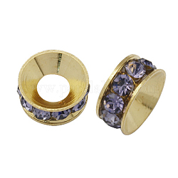 Perline distanziatori strass in ottone, grado a, rondelle, colore metallico oro chiaro, viola, 9x4mm, Foro: 4 mm