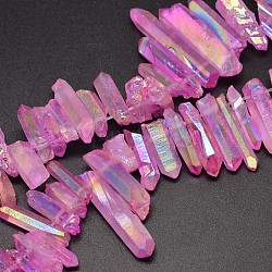 Elettrodeposte quarzo naturale perline di cristallo fili, pepite, forma zanna, ab colore, tinto, rosa caldo, 7~15x18~60mm, Foro: 1 mm, circa 46pcs/filo, 16 pollice